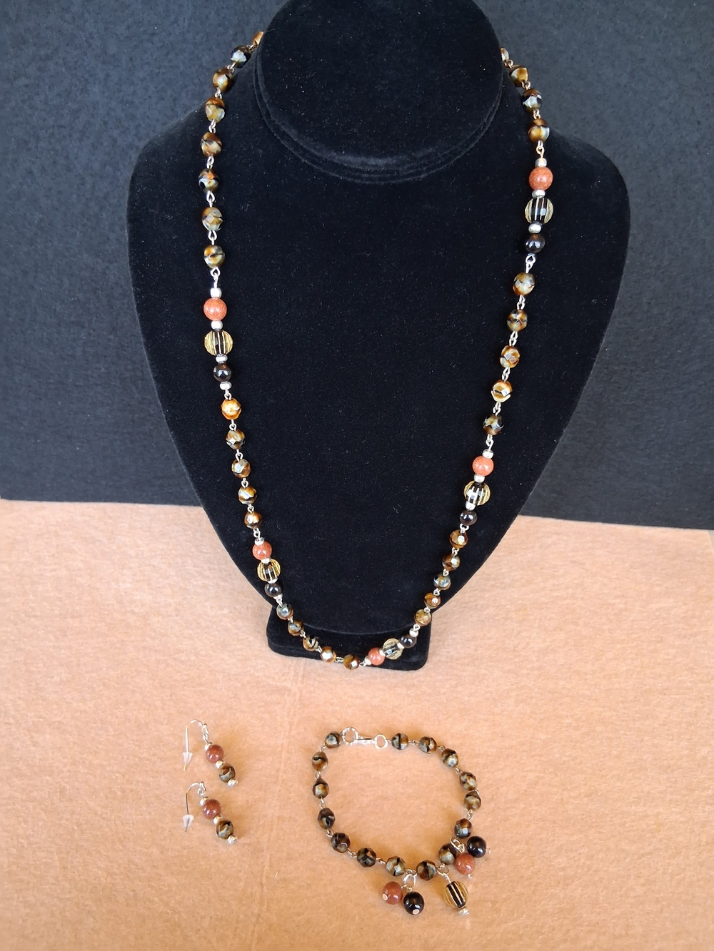 Handcrafted Brown and Black Beaded Necklace, Earrings & Bracelet Set